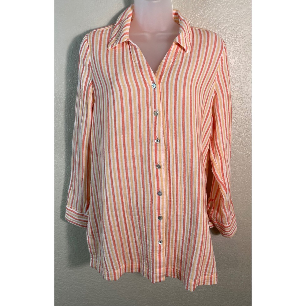 Soft Surroundings Women PM Button Down Tunic Orange Yellow Striped Cotton Costal